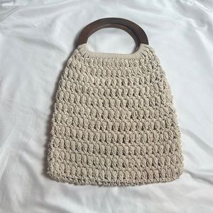 Cream crochet boho tote bag with wooden handle accents